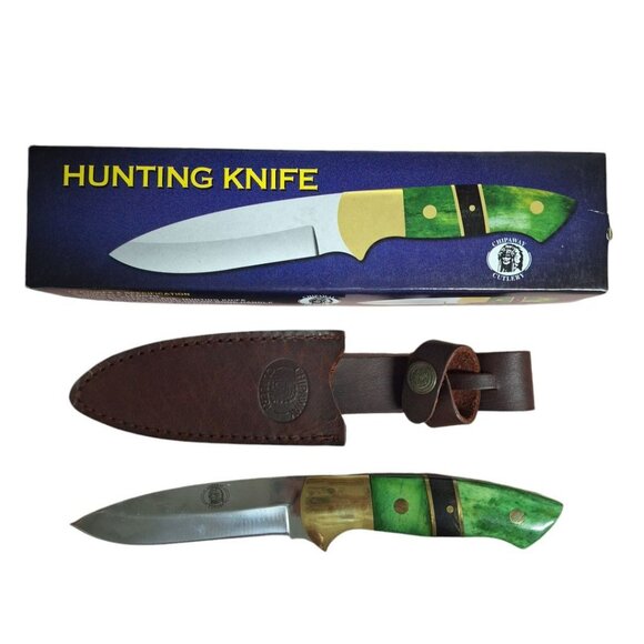 Chipaway Cutlery Hunting Knife Green Handle Leather Sheath 9 Inch Length Steel - Picture 9 of 9